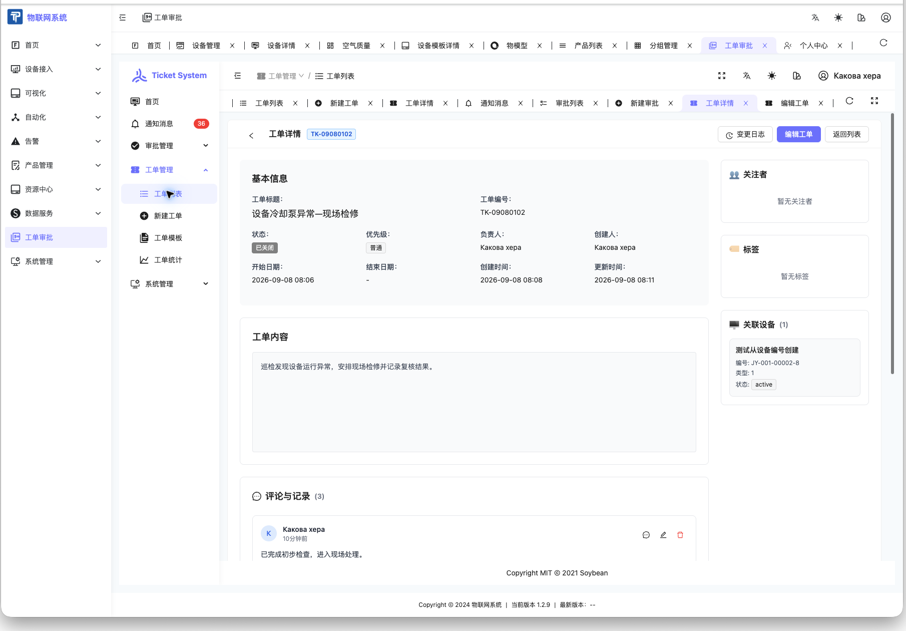 ThingsPanel 工单详情中的关联设备与处理记录